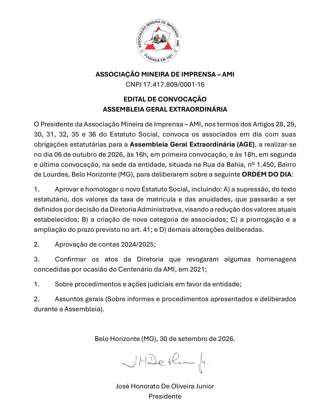 AMI EDITAL DE CONVOCAÇÃO DE A.G.E.